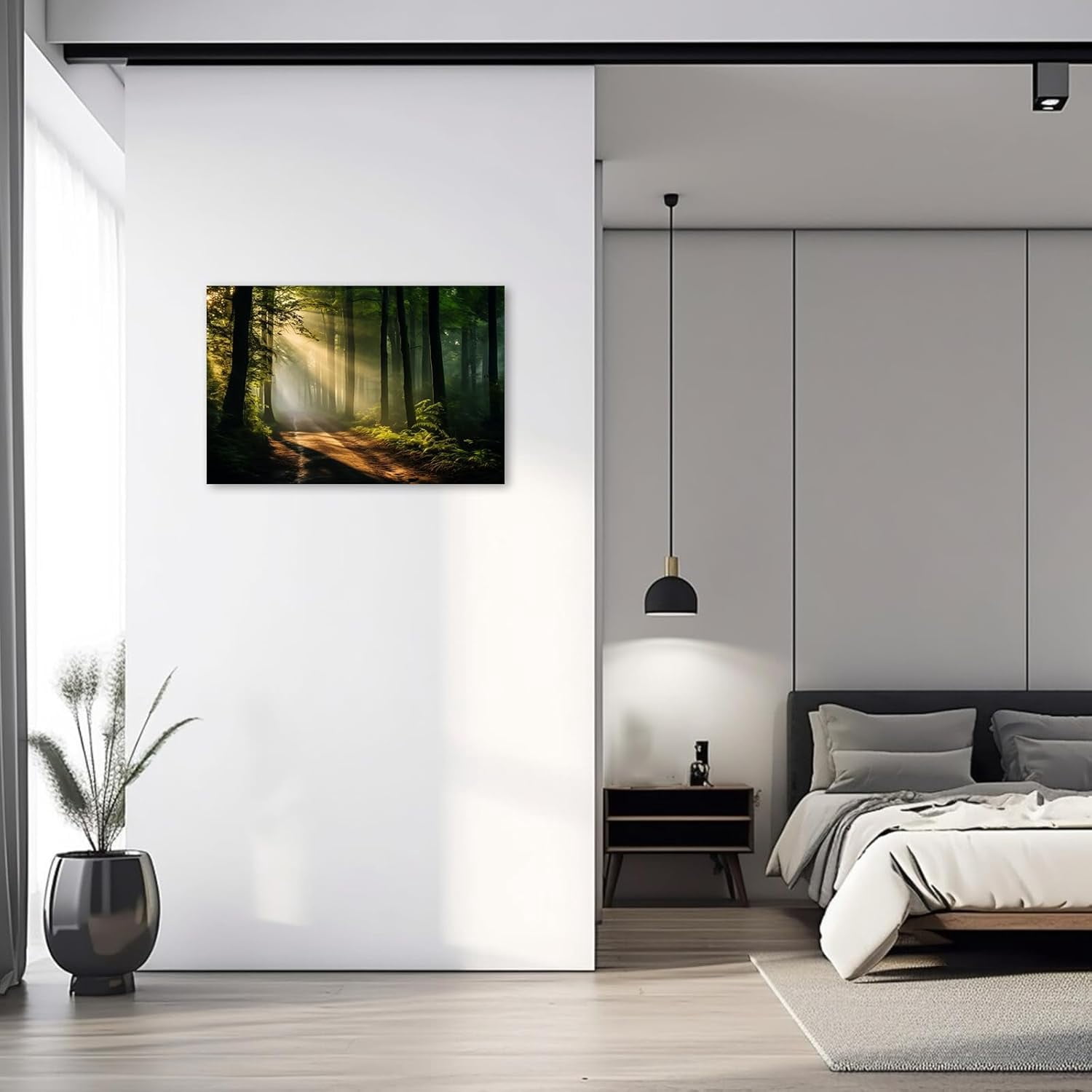 ZHONGYUTONG Green Forest Canvas Wall Art Sunshine Through Forest Road Picture Prints Morning Sunrise Paintings Nature Landscape Wall Decor Framed (12.00" x 18.00")