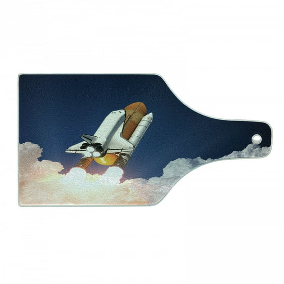 Outer Space Cutting Board, Space Rocket Lifting Through the Clouds Blast Explore the Galaxy Photo, Tempered Glass Cutting and Serving Board, Wine Bottle Shape, White Blue Orange, by Ambesonne