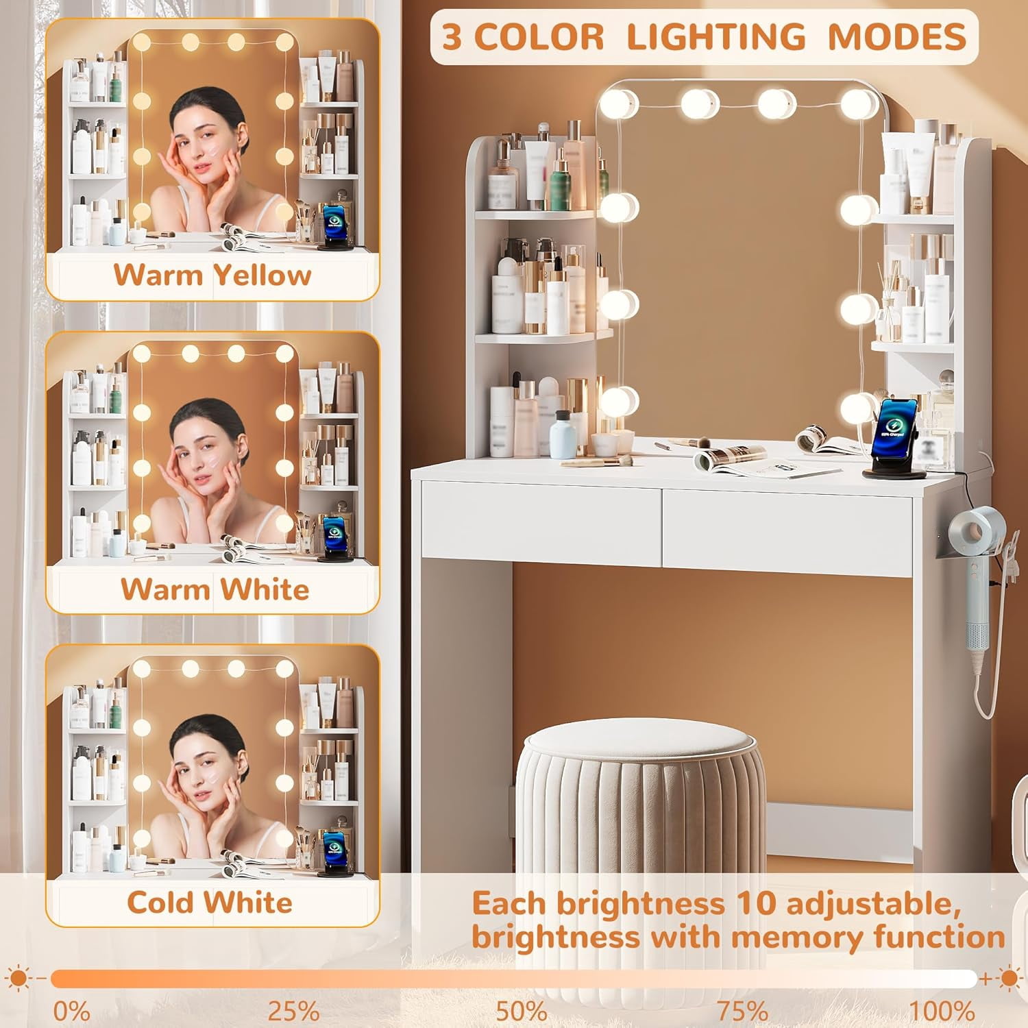 White Small Vanity Desk with Lighted Mirror and Power Outlet, Pipleo 31.5" Makeup Table with 2 Drawers & 6 Storage Shelves, Women Girls Vanity for Small Space, Easy Assembly