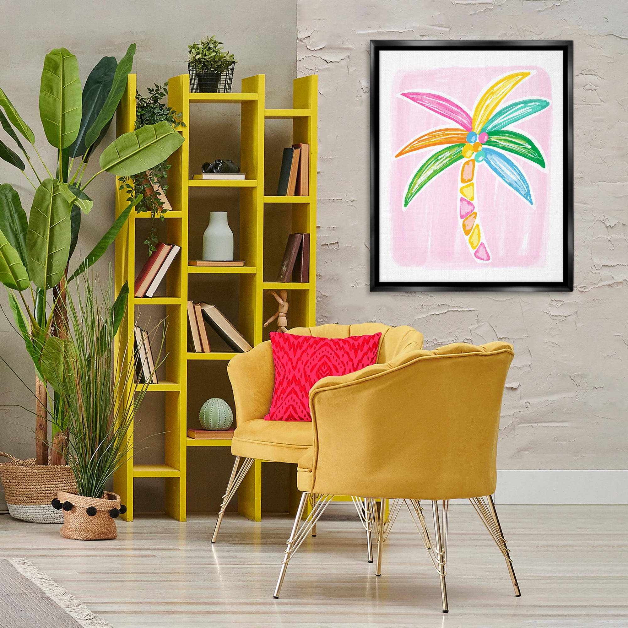 Stupell Industries Pastel Palm on Pink Botanical & Floral Painting Black Floater Framed Canvas Art Print Wall Art, 25 x 31