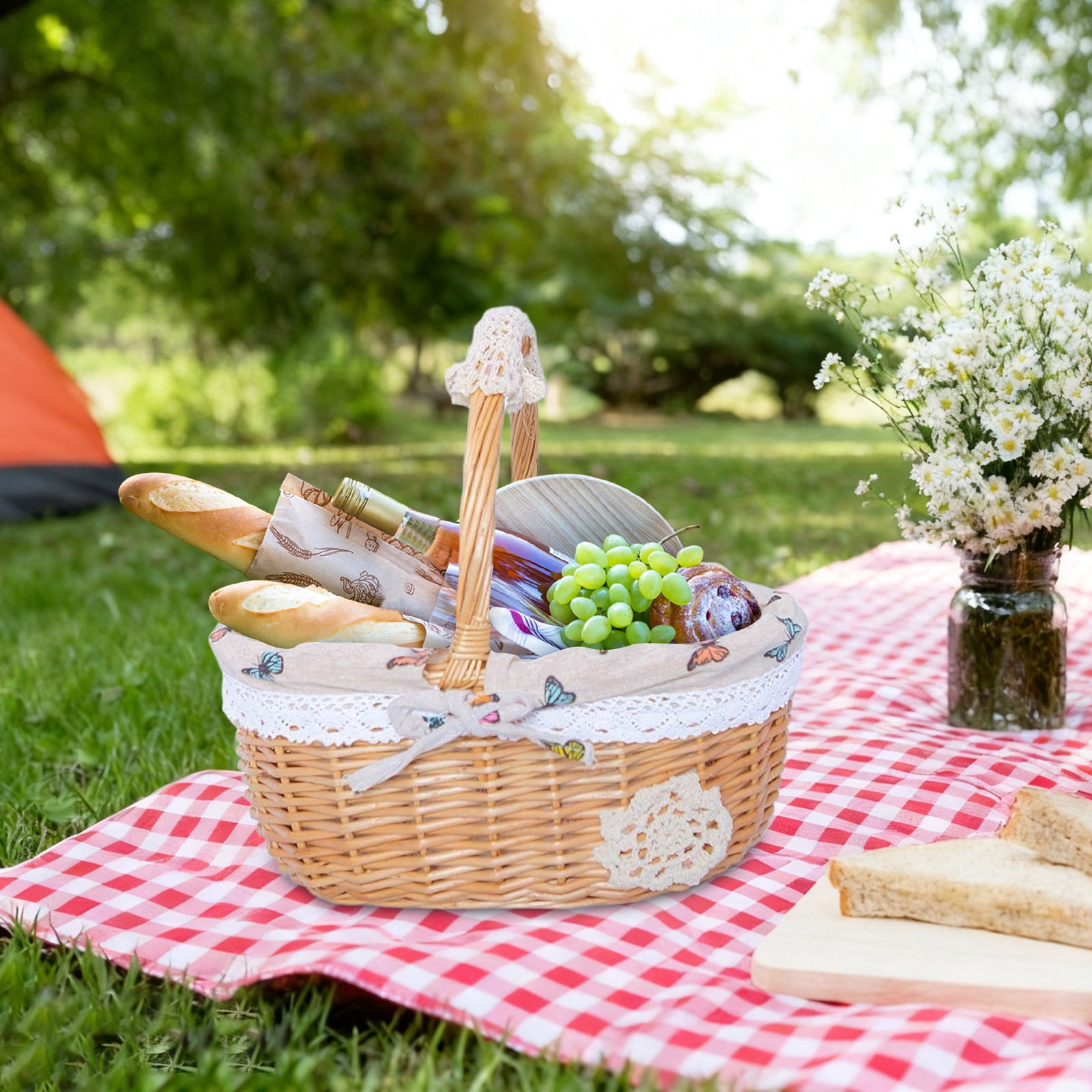 Wicker Picnic Basket with Removable Floral Liner, Suitable for Weddings, Holidays, Gardening, Valentine's Day, Easter, Parties, Celebrations, Oval Picnic Camping Outdoor Basket, 9.8 x 7.8 x 10.2 in