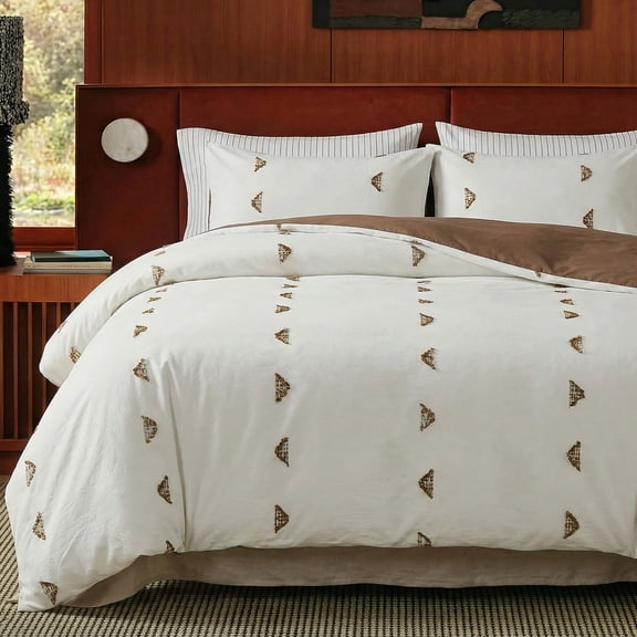 100% Cotton Tufted Duvet Cover , Embroidered Boho Bedding Set with Pillowcases, 3-Piece Soft Breathable Natural Cotton Comforter Cover, Minimalist Neutral Brown Design