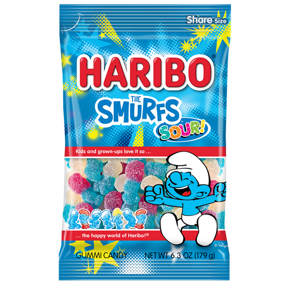 HARIBO Sour Smurfs Gummies Raspberry and Blueberry Smurf Shaped Sour Gummy Candy, 6.3oz, Share Size Bag
