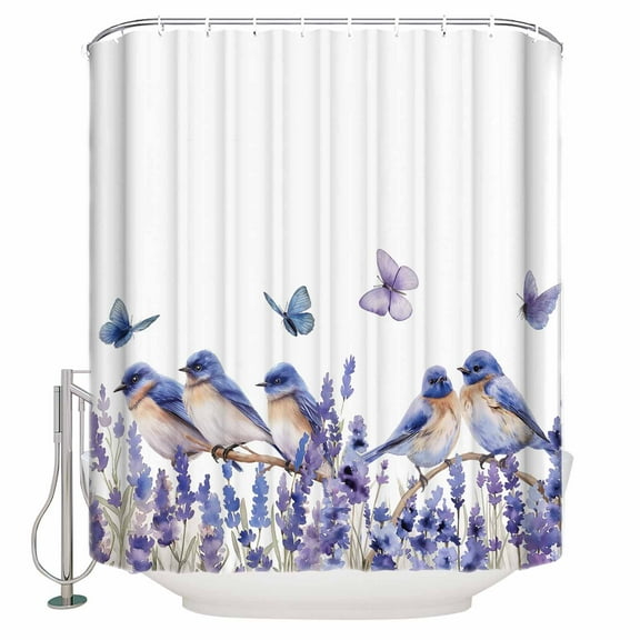 Fabric Shower Curtain, Purple Lavender Bird Butterfly Printing Shower Curtains with 12 Hooks Waterproof Machine Washable Bath Curtains for Bathroom, 48x 72in