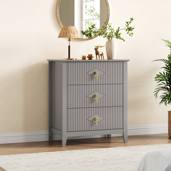 Commode Cannelée de 27,5 Po à 3 Tiroirs avec Poignées en Métal, Armoire de Rangement Moderne en Bois avec Trousse Anti-Basculement, Grand Organisateur pour Chambre, Salon, Entrée, Chêne Naturel Gris Noir Blanc Vert Pomme