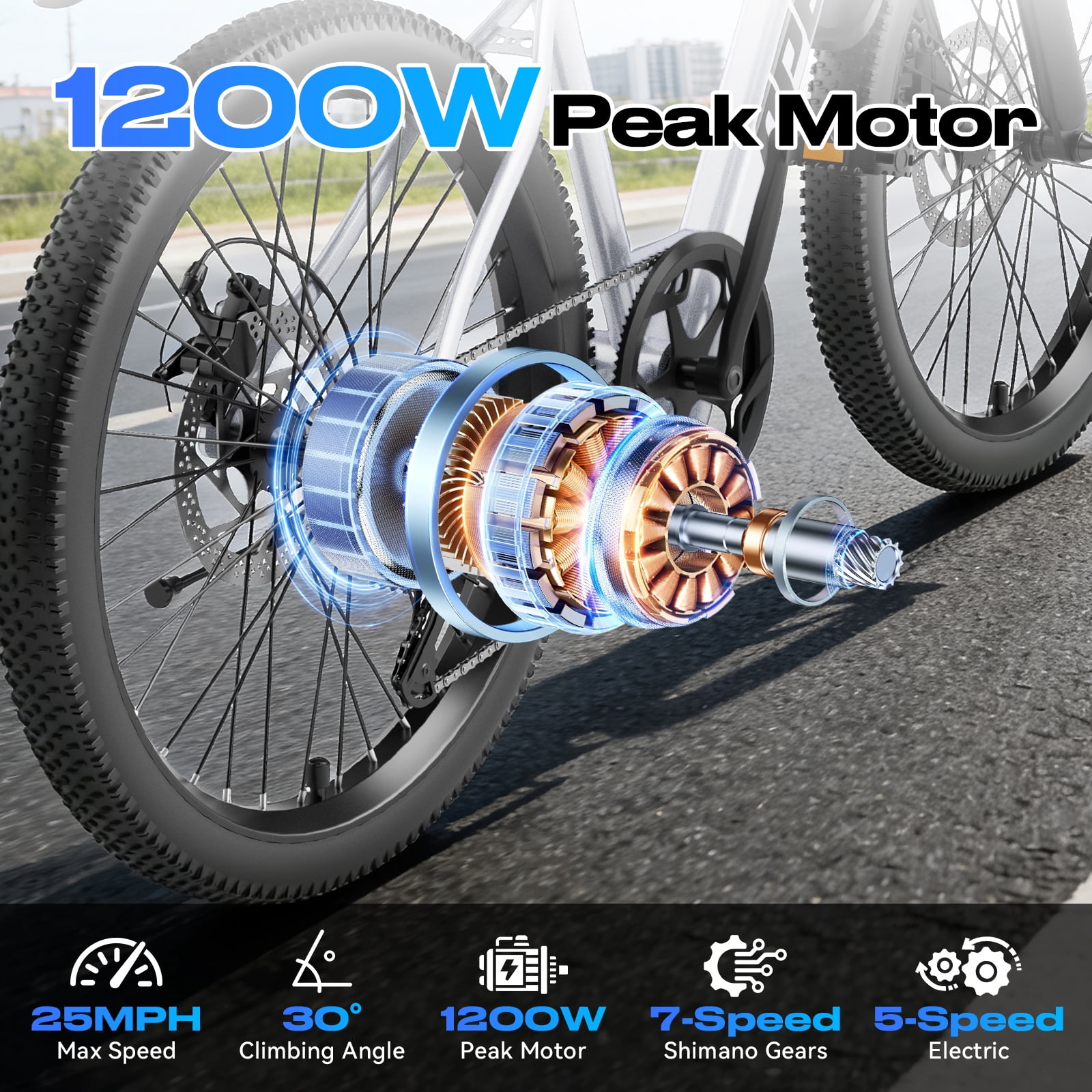 26" Electric Bike for Adults, Ebike with 4 Modes & 7-Speed, UL2849 Certified, 1200W Peak Motor, Max 28Mph & 50Miles, Internal Removable Battery,Shock Absorber, Electric City Commuter Bicycle