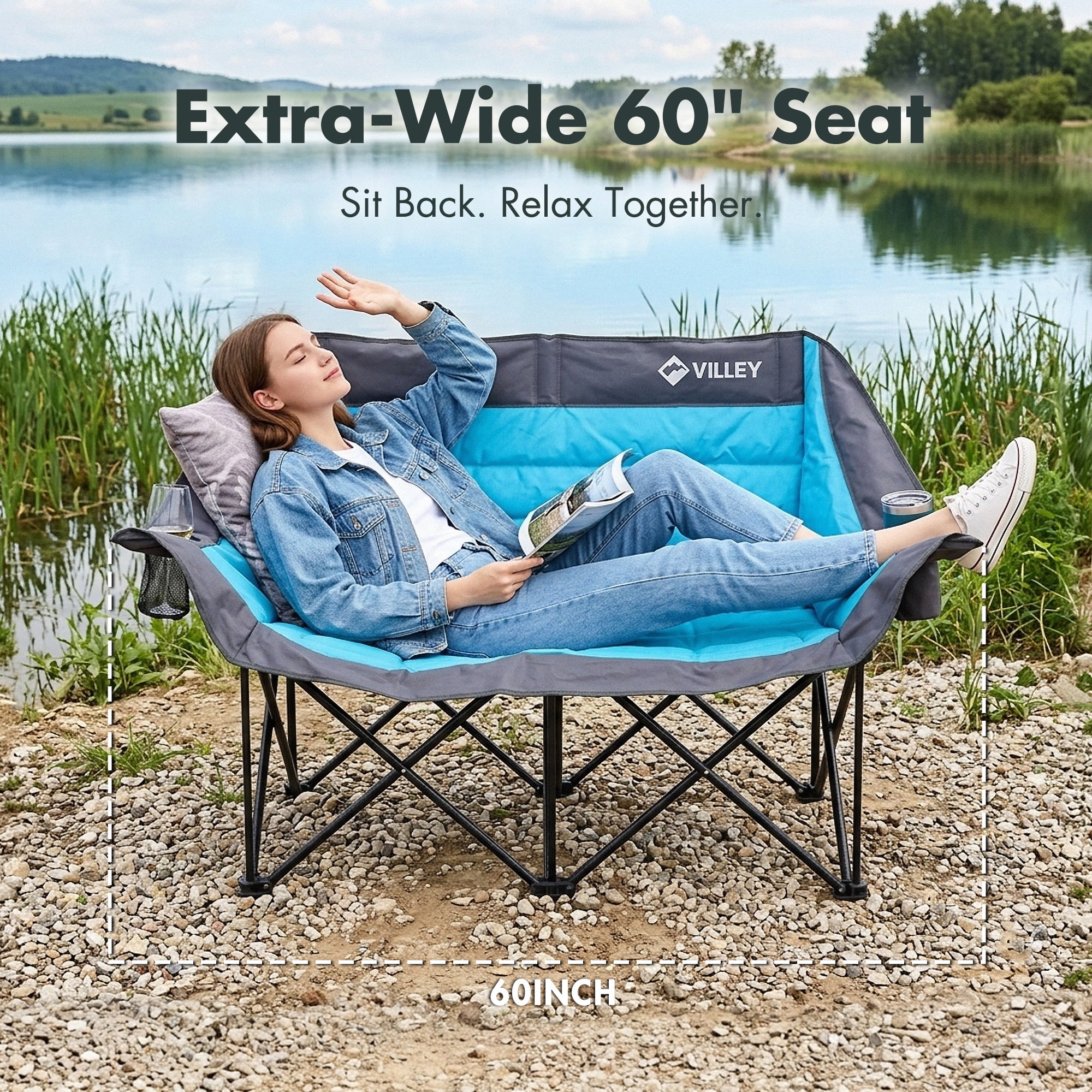 VILLEY Oversized Double Camping Chair, 800lbs Portable Folding Loveseat for Adults, Heavy Duty Oxford Fabric, XL 2 Person Padded Chair with Cup Holders for Outdoor Camping, Lawn, Backyard