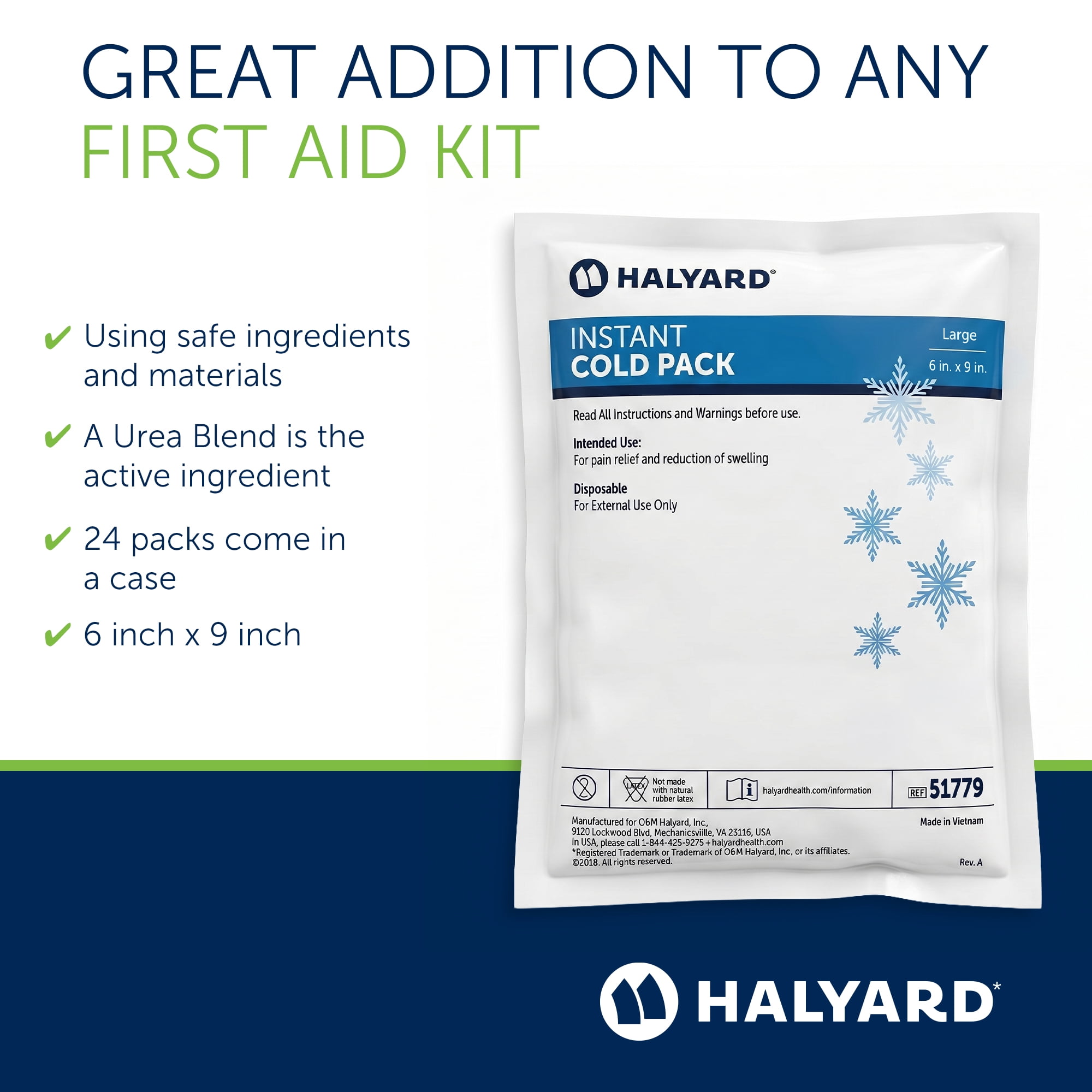 HALYARD Instant Cold Pack Disposable Cold Compress Ice Packs for Swelling Injuries Toothaches Sprains Strains 6 x 9 Inches, 24 Packs Per Case - 51779
