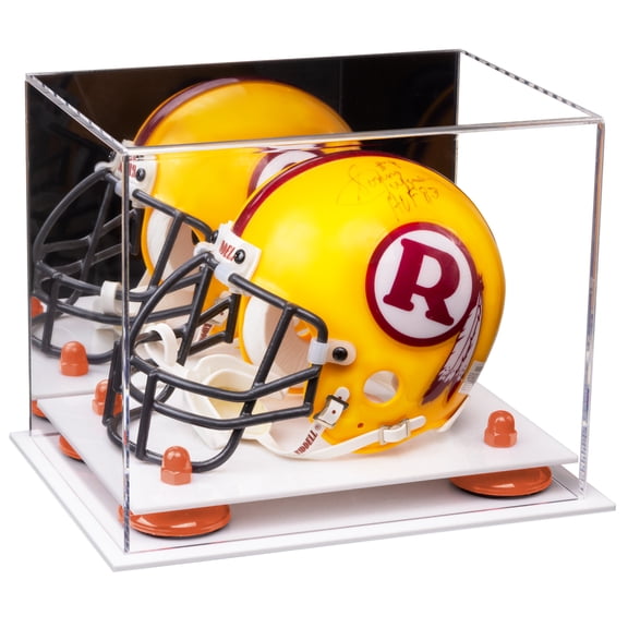 Acrylic Mini - Miniature Football Helmet (not Full Size) Display Case with Mirror, Orange Risers and White Base (A003-OR)