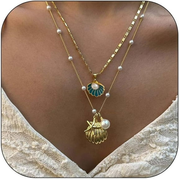 Gold Sea Shell Charm Necklace Jewelry for Women Summer Boho Seashell Beach Starfish Necklace Fashion Accessories Summer Beach Vacation Clothes Dresses