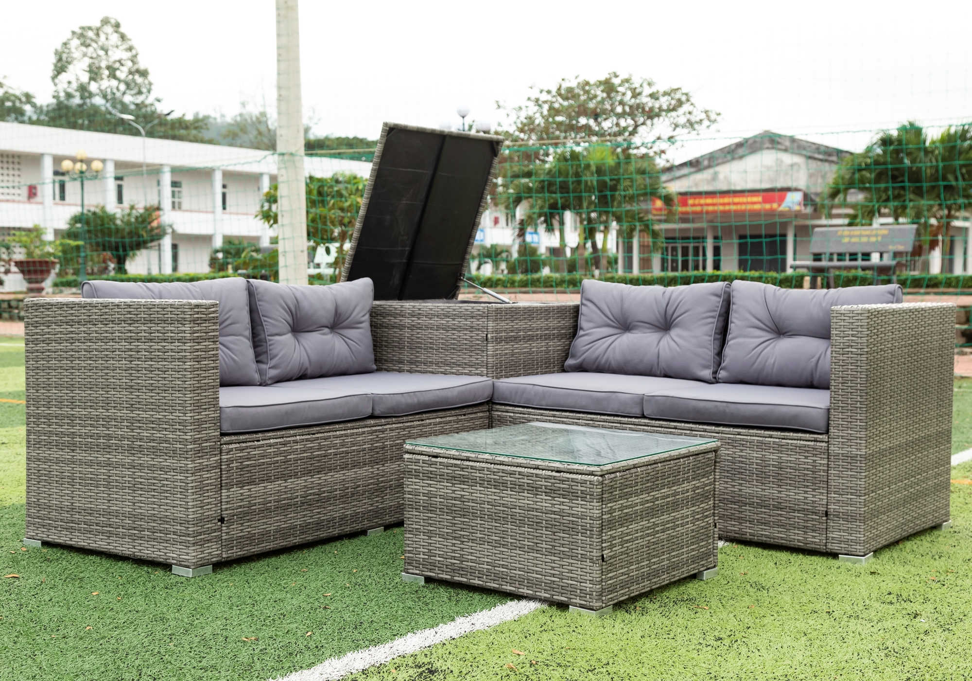 Patio Bistro Dining Chair Furniture Sets, 4 Pieces Patio Furniture Sets with Glass Coffee Table & Storage Box, Leisure Chair Conversation Set with Soft Cushion for Garden Poolside, Grey, SS2174 - image 3 of 9