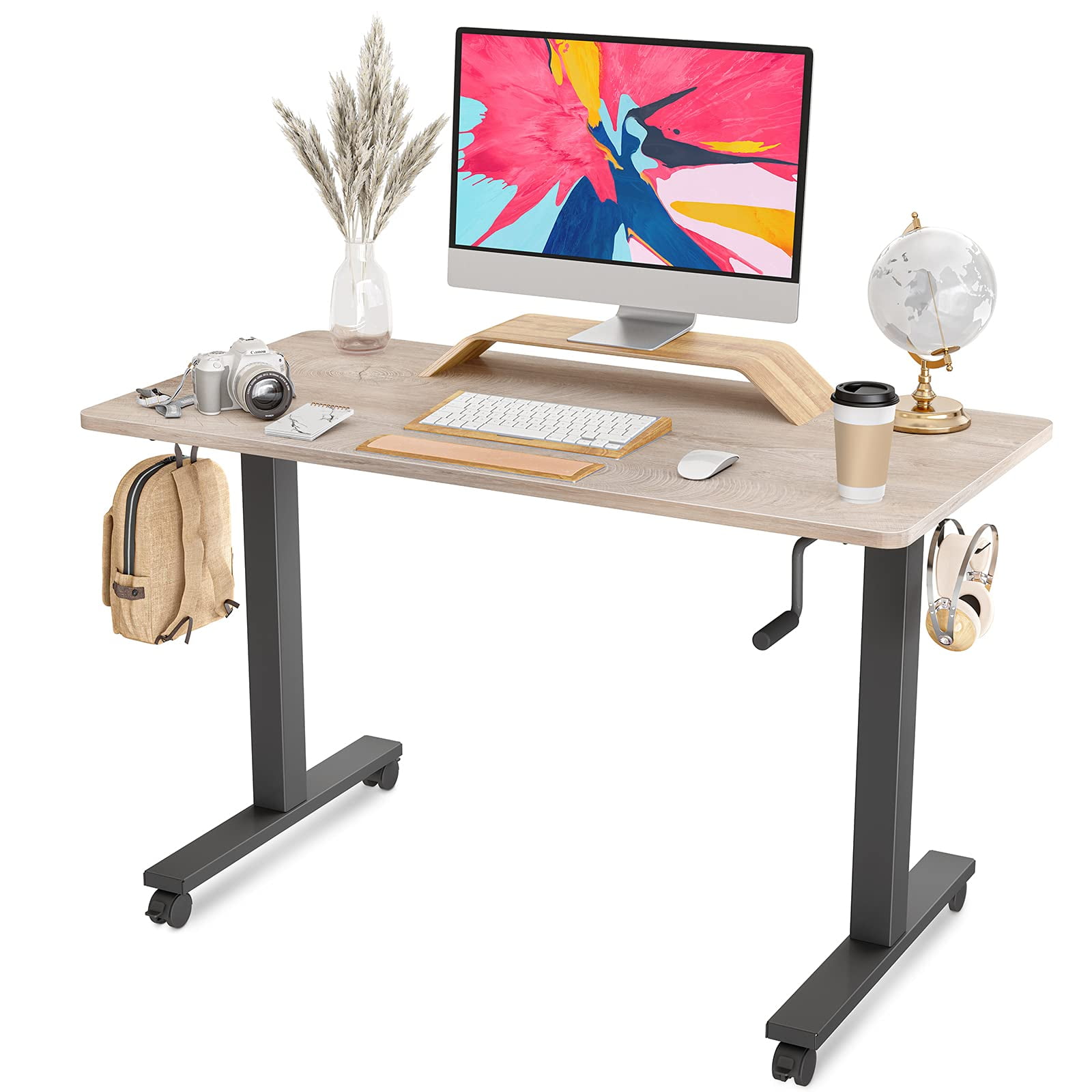 Crank Adjustable Height Standing Desk 56 Inches Wide, Black Frame/Teak Top 
