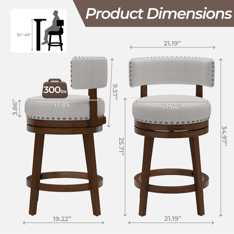 COLAMY Swivel Bar Stools 25 Inch Counter Height Stools, Modern Upholstered Wooden Barstools with Back for Kitchen Island Dining Room Bar, Fits 34-40" Counter Height, Beige