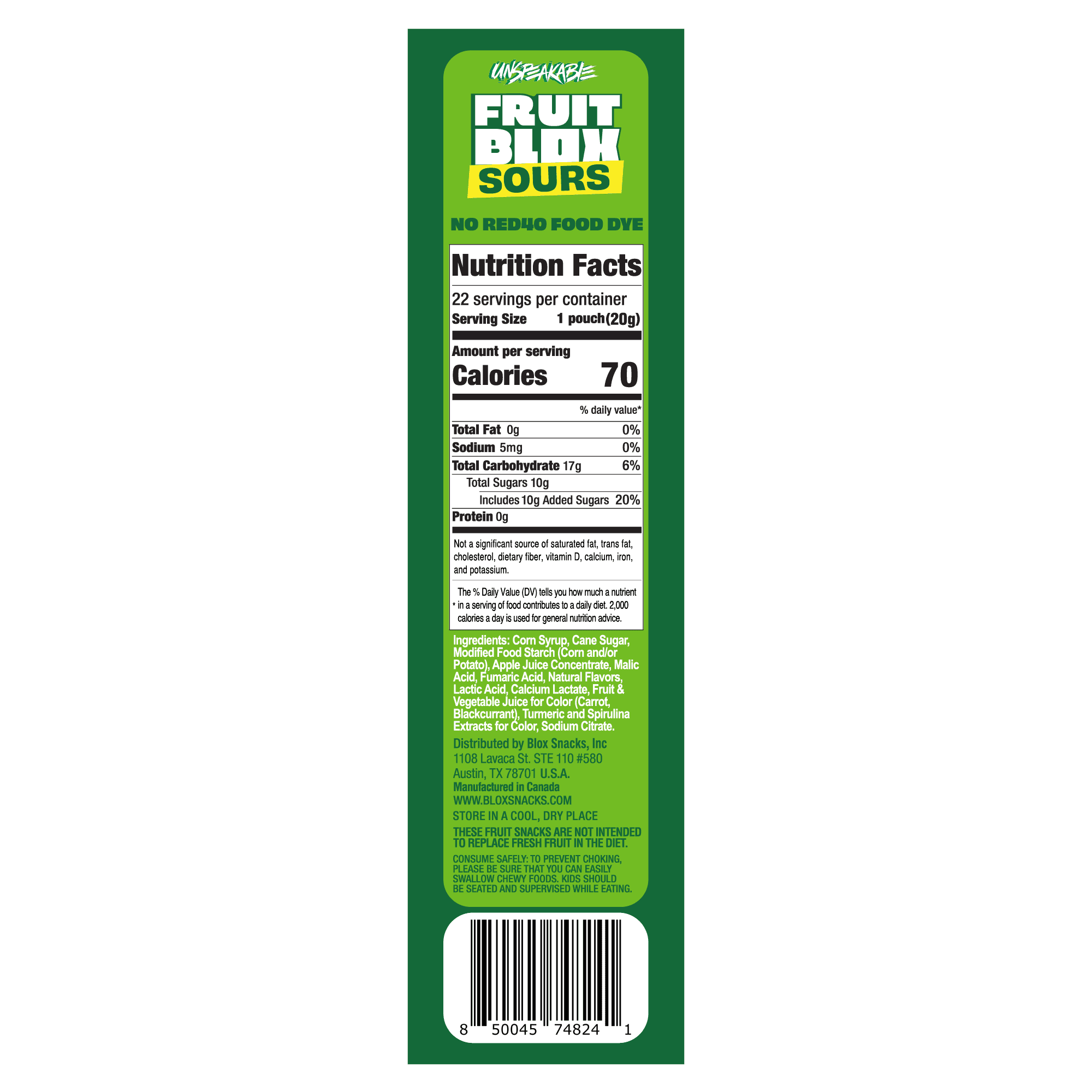 FruitBlox Unspeakable Sour Fruit Snacks, Apple Strawberry and Watermelon, 22 Count