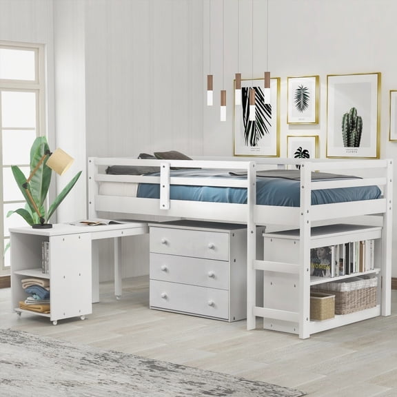 White Low Study Twin Loft Bed with Cabinet & Rolling Desk - Solid Pine
