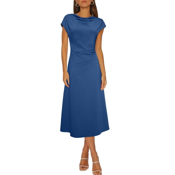 Vestido midi Happy Sailed, manga corta, cuello vuelto, azul marino