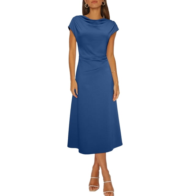 Vestido midi Happy Sailed, manga corta, cuello vuelto, azul marino