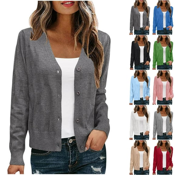BiZtdJrK Cardigan Sweaters for Women Long Sleeve Button Down Sweater Tops Loose Casual V Neck Knit Shrugs Coat, Gray, L