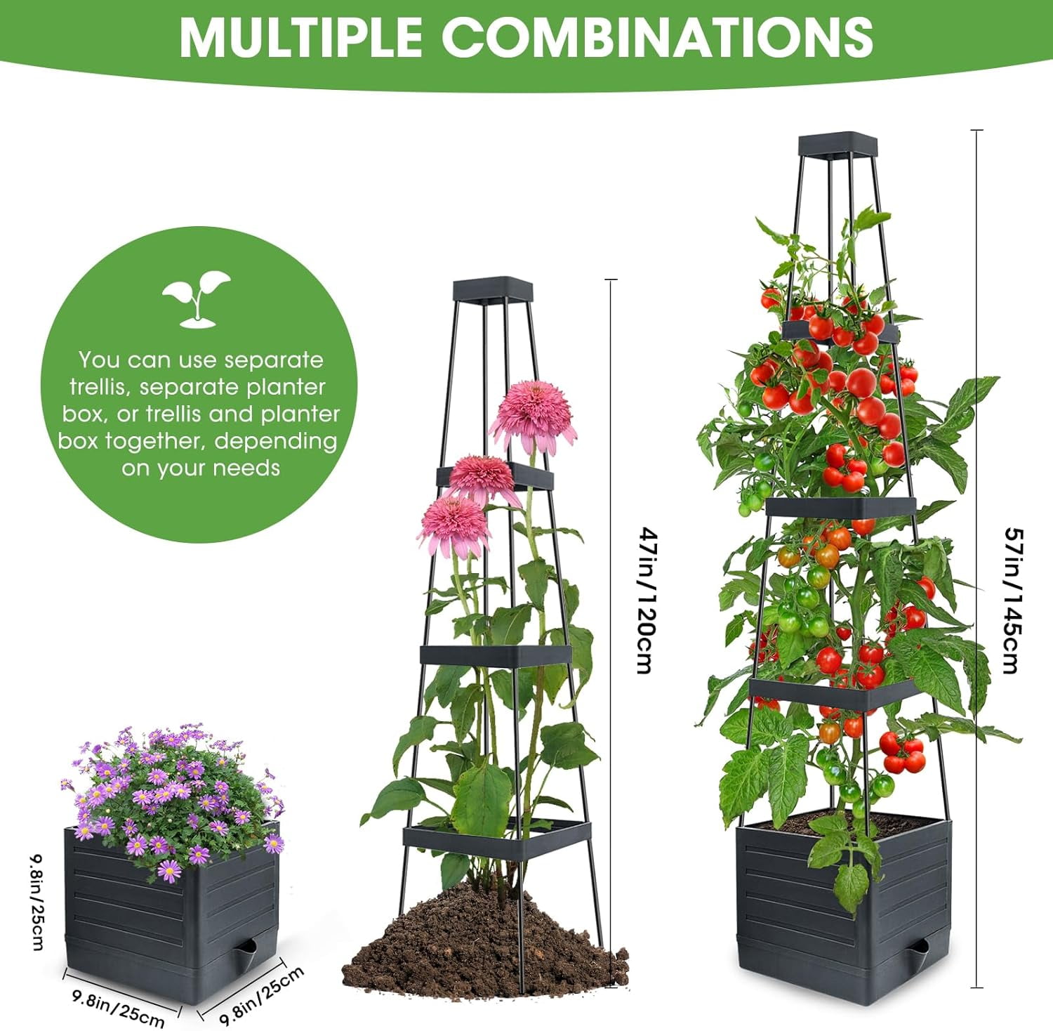 MYMULIKE Raised Garden Bed Planter Box with Trellis, 58” Tomato Cage Planter Raised Garden Bed with Trellis for Climbing Vegetables Plants Tomato Cage w/Self-Watering, Indoor Outdoor Use (2)