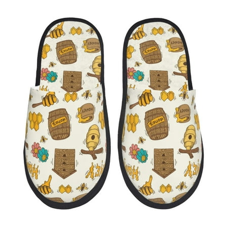 Balery Honeycomb And Honey Slient Indoor Furry Fleece Comfort House Shoes Soft Non-Slip Home Shoes Cotton slippers House Slippers-- Large