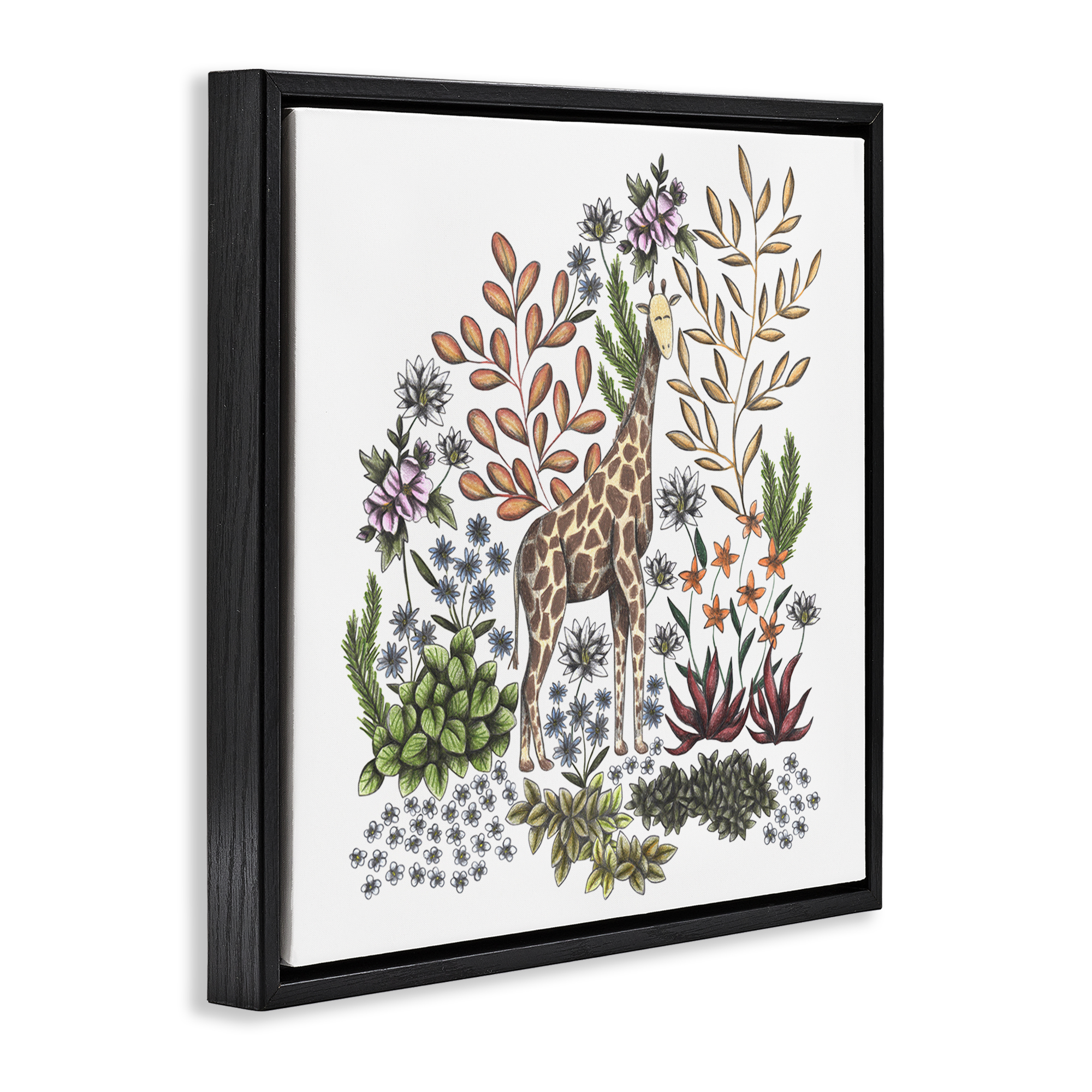 Jungle Wildlife Giraffe Black Framed Floater Canvas Wall Art, design by Cecilia Battaini