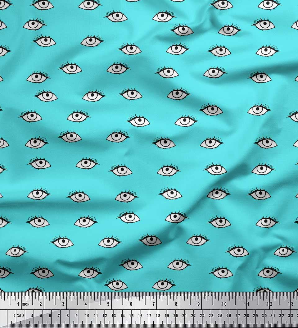 Soimoi Green Japan Crepe Satin Fabric Eyes Face Print Fabric by the