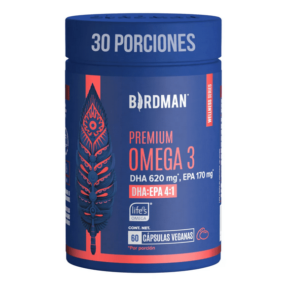 Birdman Premium Omega 3 | 100% Vegetal | Sin Aditivos | 30 Porciones | 60 Cápsulas