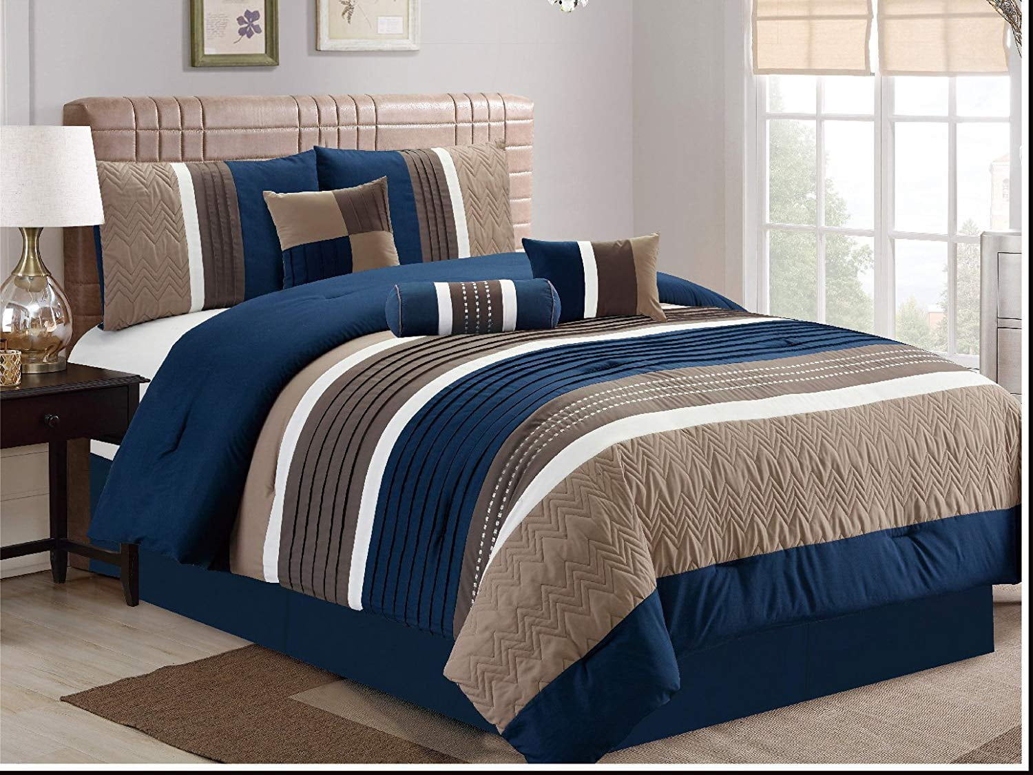 King Size 7 Pieces Luxury Embroidery Pattern Microfiber Comforter Set Navy Blue 