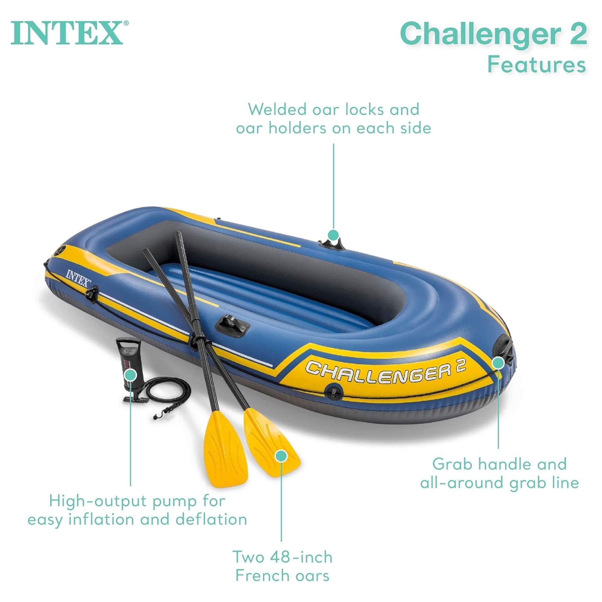 INTEX 66312EP Challenger 2 Inflatable Boat Set with 48" Oars, Pump, & Welded Oar Locks