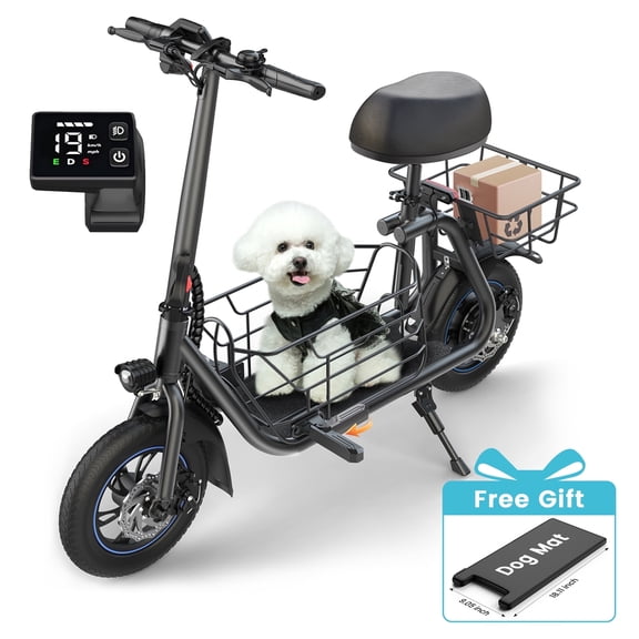 MIHOVER 19MPH Foldable 550W Electric Scooter with Seat for Adult, 12 inch Commuter E Scooter for Pets with Front & Back Basket & Dog Mat, Bigger Seat - up to 21 Miles