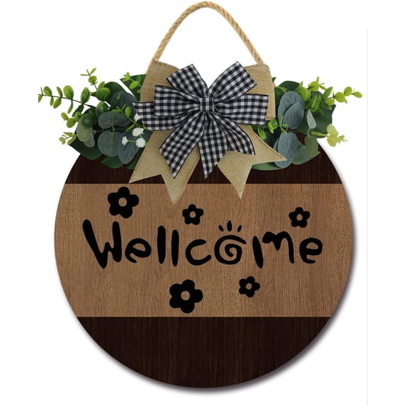 Eveokoki 12" Welcome Sign for Front Door Porch Farmhouse Round Wreaths Hanging Wooden Sign Wall Decor for Home Christmas Decoration Housewarming Gift Outdoor Indoor