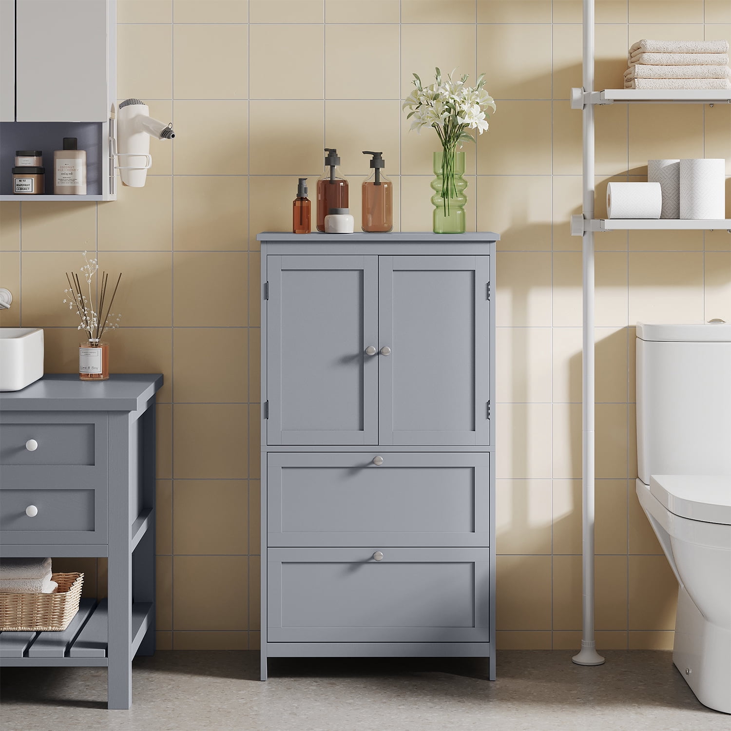LEDREM Bathroom Floor Storage Cabinet, Freestanding Cabinet with 2 Doors 2 Drawers, for Kitchen Living Room Small Spaces, Dove Gray