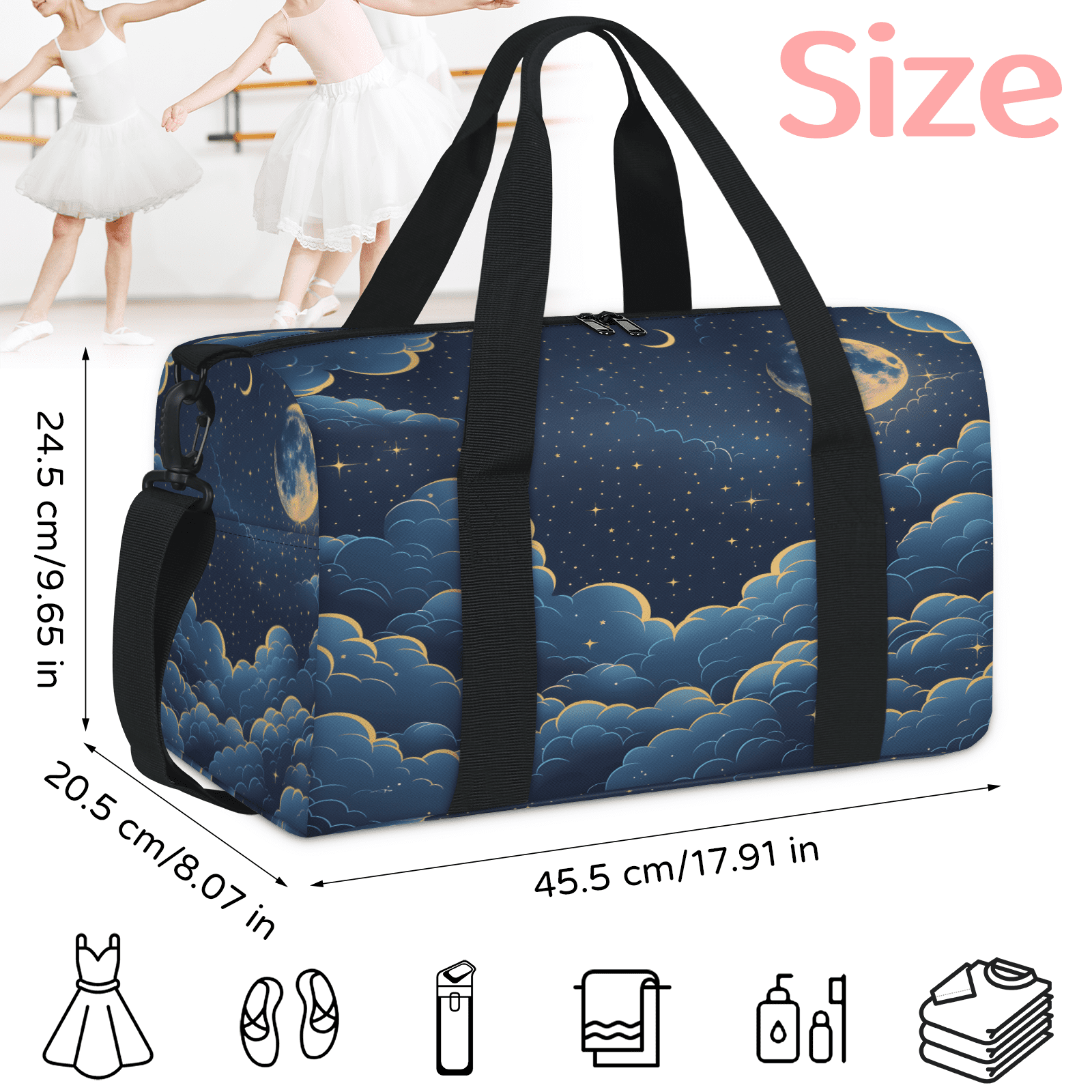 Herdesigns Space Galaxy Gym Bag for Women, Duffle Bag for Travel Sport, Moon Star Lightweight Waterproof Carry on Weekender Dance Yoga Workout Bags