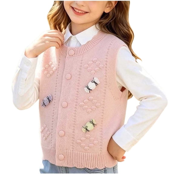 Cethrio Girls Sweater Vests Size 5T, Sleeveless Knitted Buttons Stretchy Fall Winter Clothing Pink