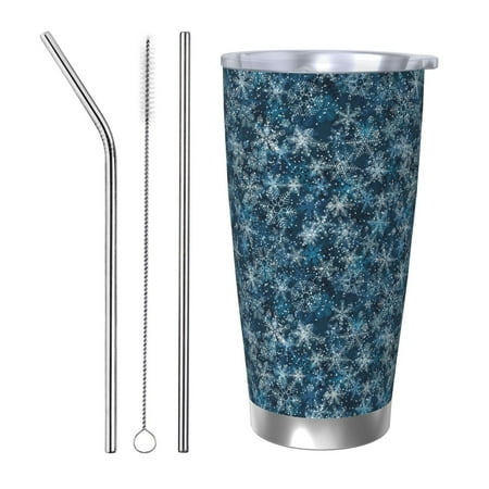 

Cauagu Blue and White Gradient Snowflake Pattern 20oz Tumbler Stainless Steel Vacuum Insulated Tumbler with Lid Insulated Coffee Mug Thermal Cup with Splash Proof Sliding Lid-Straw Three-piece Set