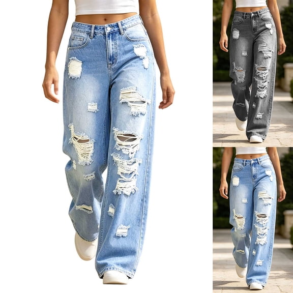 MexChoioe Womens Ripped Wide Leg Jeans High Waist Distressed Denim Pants Casual Streetwear Jeans with Pockets