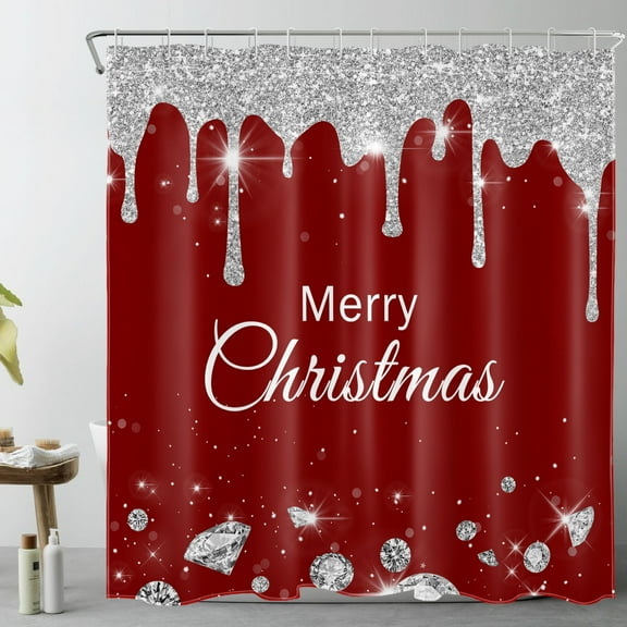 HVEST Red Christmas Shower Curtain with Silver Glitter Diamond on Red Background Design - Merry Christmas Holiday Bathroom Decor, Waterproof Polyester Fabric, Includes 12 Hooks, 72x72 Inches
