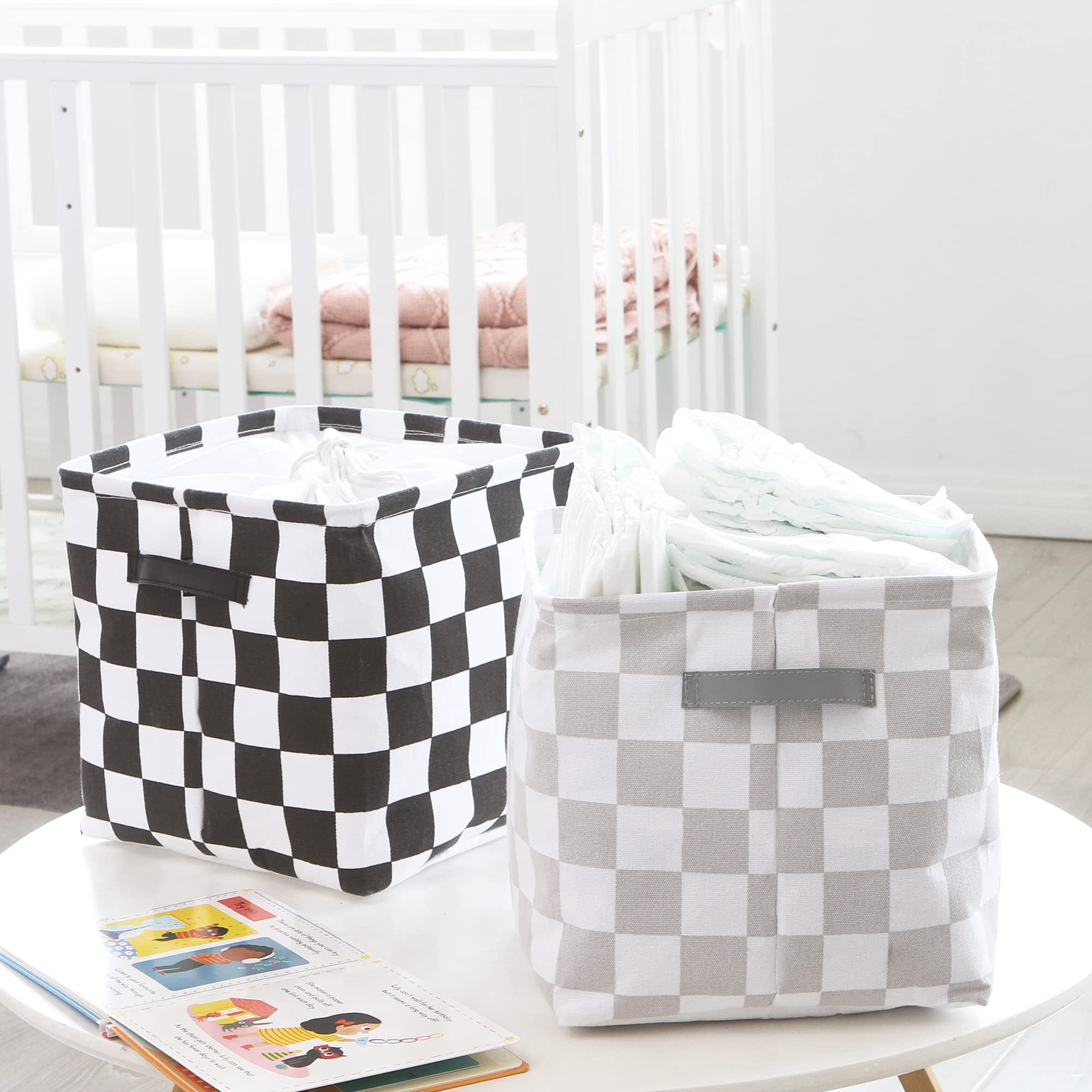 Hinwo 3-Pack Square Organizer Shelf Bins, Canvas Fabric Storage Baskets with Handles & Drawstring Cover, 22L Collapsible Storage Boxes, 11 x 11 x 11 Inches, Black Checkerboard