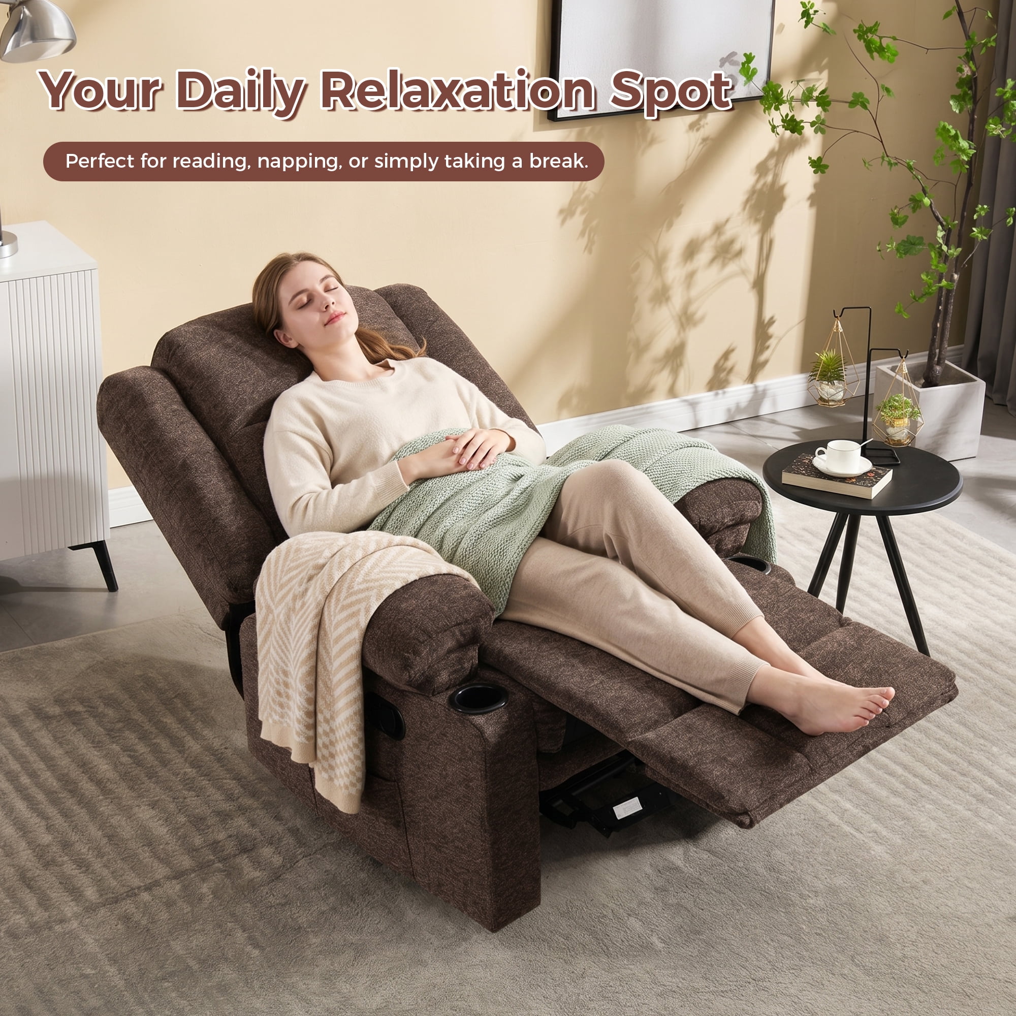 Ebello Manual Recliner Chair with Massage & Heat, Soft Fabric Recliner Chair with Cup Holders and Side Pockets for Living Room, Brown