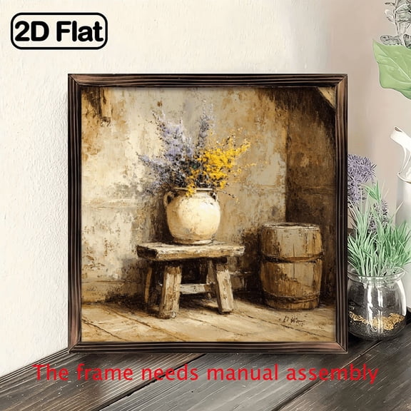 Farmhouse Framed Wall Art - 8x8 Inch White-Washed Wood Frame Rustic Lavender Field, Horizontal French Country Picture for Bedroom,, - Durable Wood Panel Decor (Lavender Flowers, BeigeYellow)