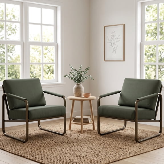 Prilinex Mid-Century Accent Chairs Set of 2 Metal Framed Armchair with Wide Cushion & Padded Soft Backrest, Fabric Reading Chairs for Living Room Bedroom Home Office, Dark Green