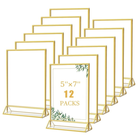 TickJOY Acrylic Sign Holder 12 Pack 5x7, Double Sided Gold Picture Frames Sign, Wedding Table Number Holders with Gold Borders for Restaurant Menu, Recipe Cards, Photo Display, Home, Office
