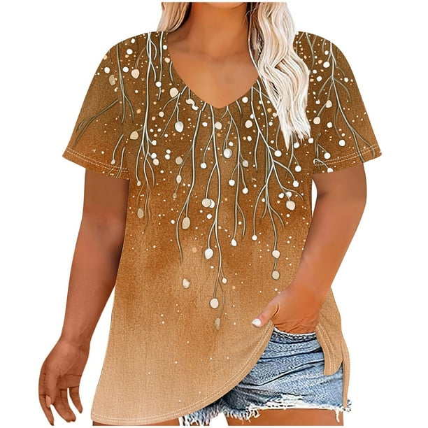 Camisetas Casuales de las Mujeres Más Tamaño V-Cuello Impresión Manga Corta Color Sólido Base de Verano Superior, Ligero para Diario