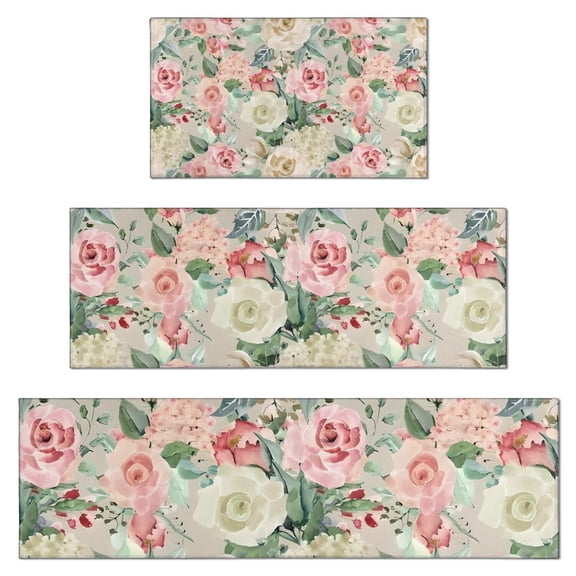 Pioneer Flower Floral Print Pattern Kitchen Rugs Sets Of 3,Kitchen Runner Rugs Non Skid Washable,Decorative Kitchen Floor Mats for Kitchen,Sink,Laundry,17"x30" 17"x47" 17"x59"