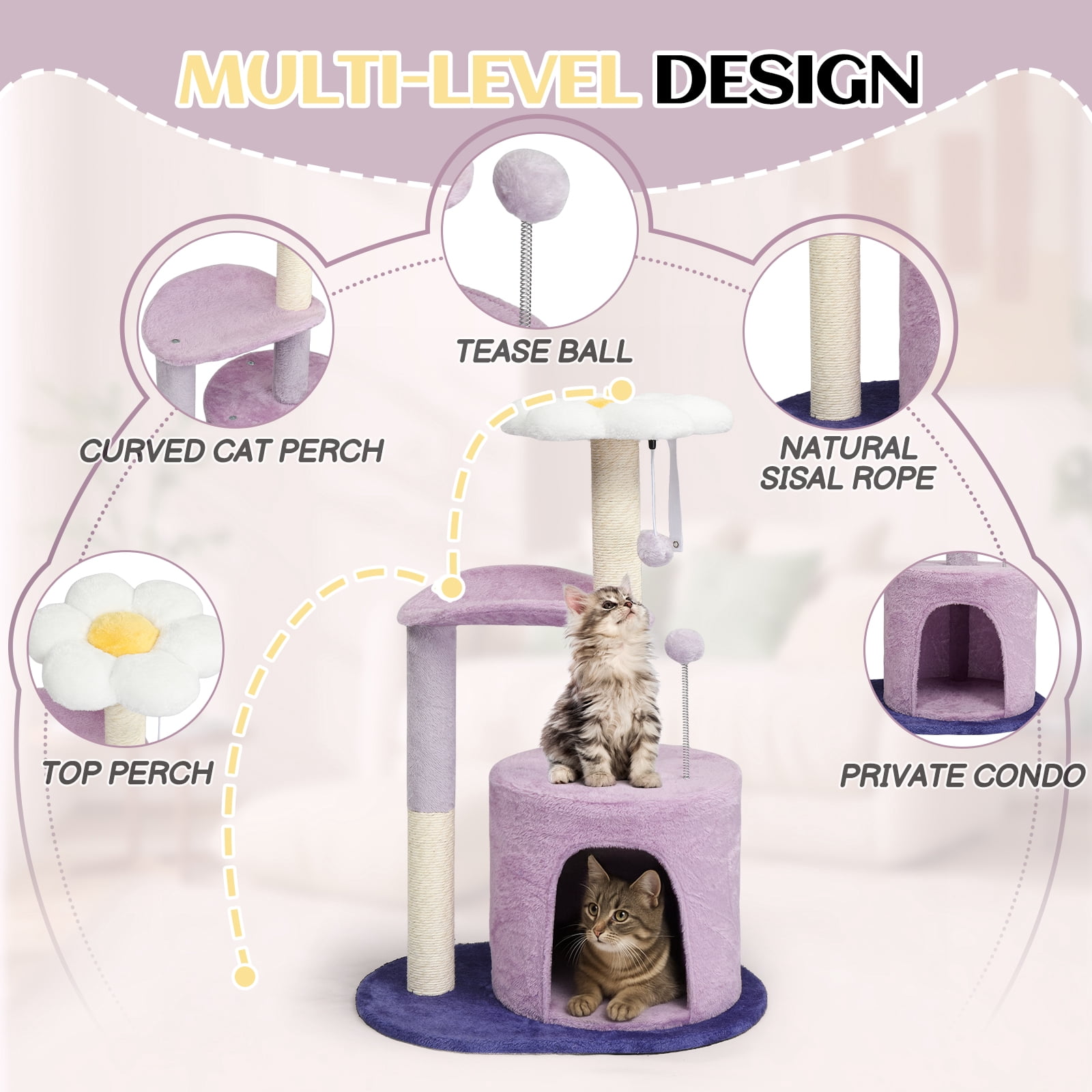 Ktaxon 33in Lavender Purple Cat Tree, Multi-Level Tower with Scratching Post, Curved Perch & Padded Bed, for Kittens & Indoor Cats