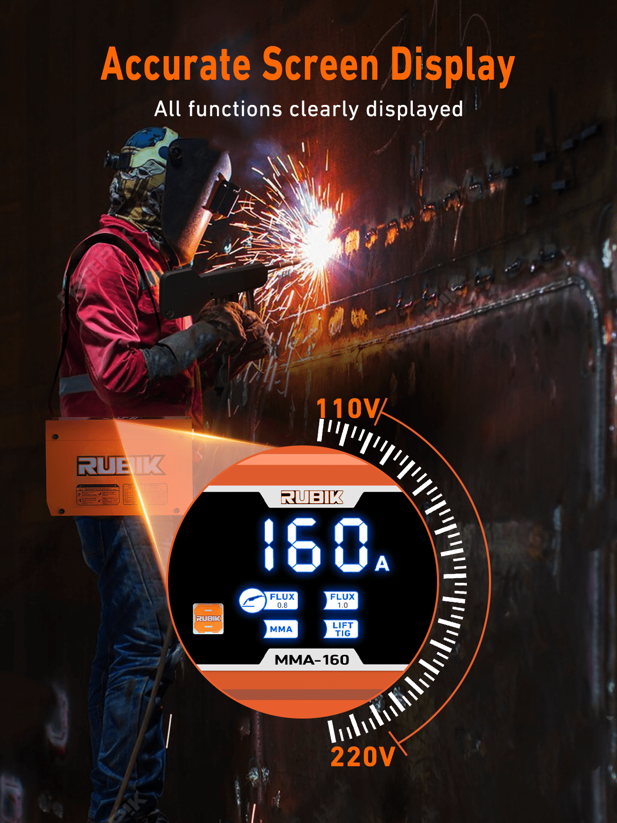 Rubik Mini Stick Welder 160A, Welding Machine 3 in 1 ARC/Mig/Lift Tig, Protable Welder Machine 110/220V with IGBT Inverter, LCD Digital Dispaly, Arc force and Anti-Stick