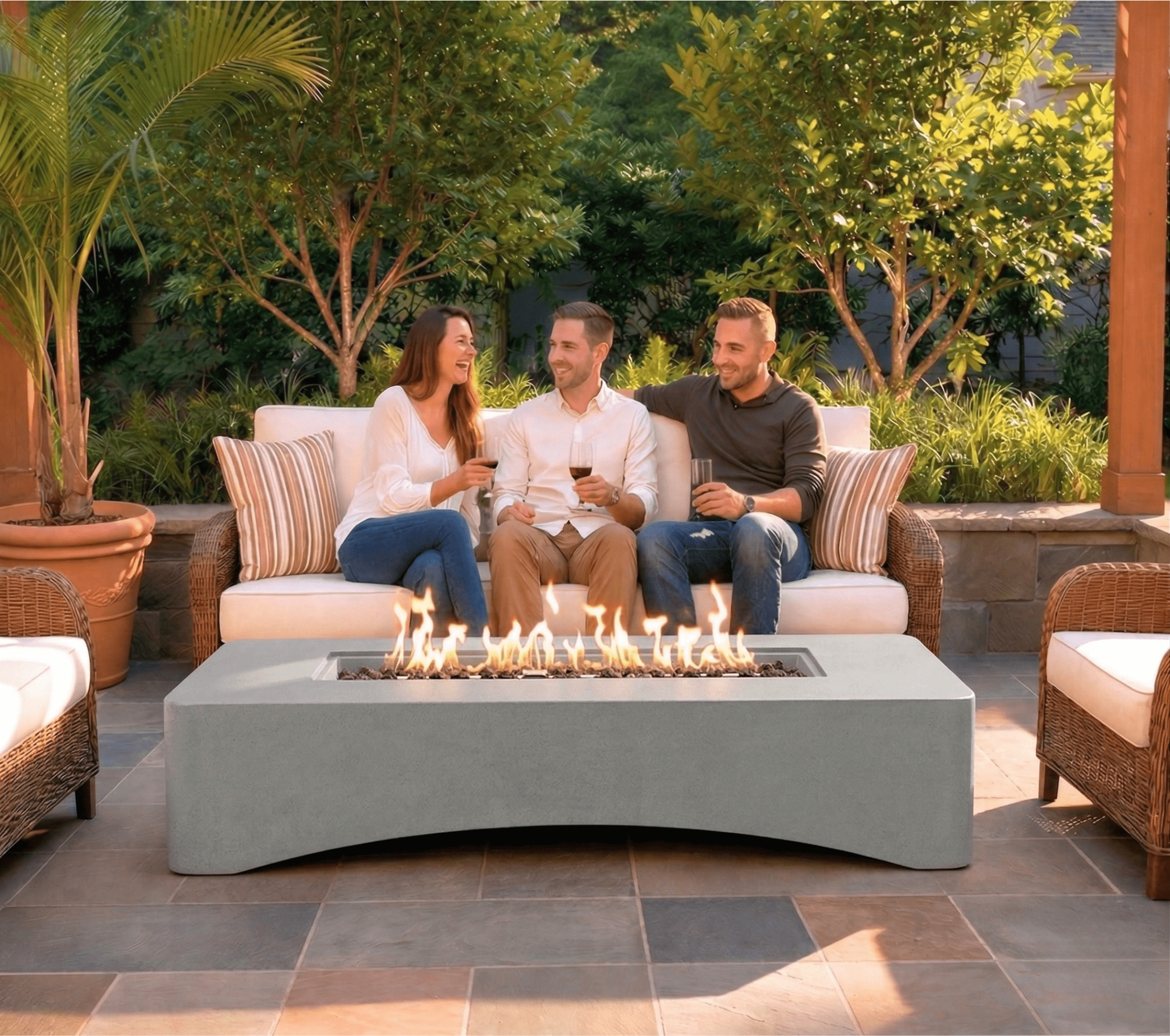 56" Propane Fire Pit Table, 50,000 BTU Outdoor Gas Fireplace, Rectangular Lightweight Concrete Fire Table with Waterproof Cover, Tank Seat & Lava Rocks, Modern Gray Patio Heater for Backyard & Deck