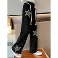 thumbnail image 2 of YIZYIF Kids Girls Stars Print Ripped Jeans Loose Fit School Wear Casual Wide Leg Denim Pants Black 4-6, 2 of 5