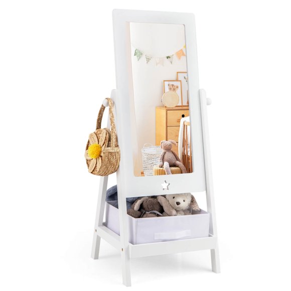 Costway Kids Full Length Mirror 360° Rotatable Freestanding Dressing Mirror with Storage Bin White
