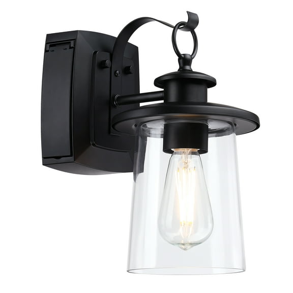 12"H Outdoor Light Fixture with GFCI Outlet, Matte Black Exterior Wall Lantern for Porch Garden